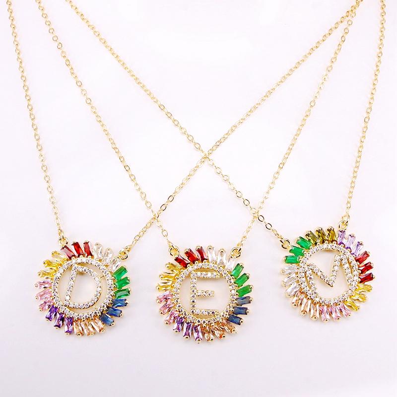 

Pendant Necklaces 6PCS, Colorful Zirconia Letter In Round Shaped Rainbow CZ Micro Paved Elegant Gold Filled