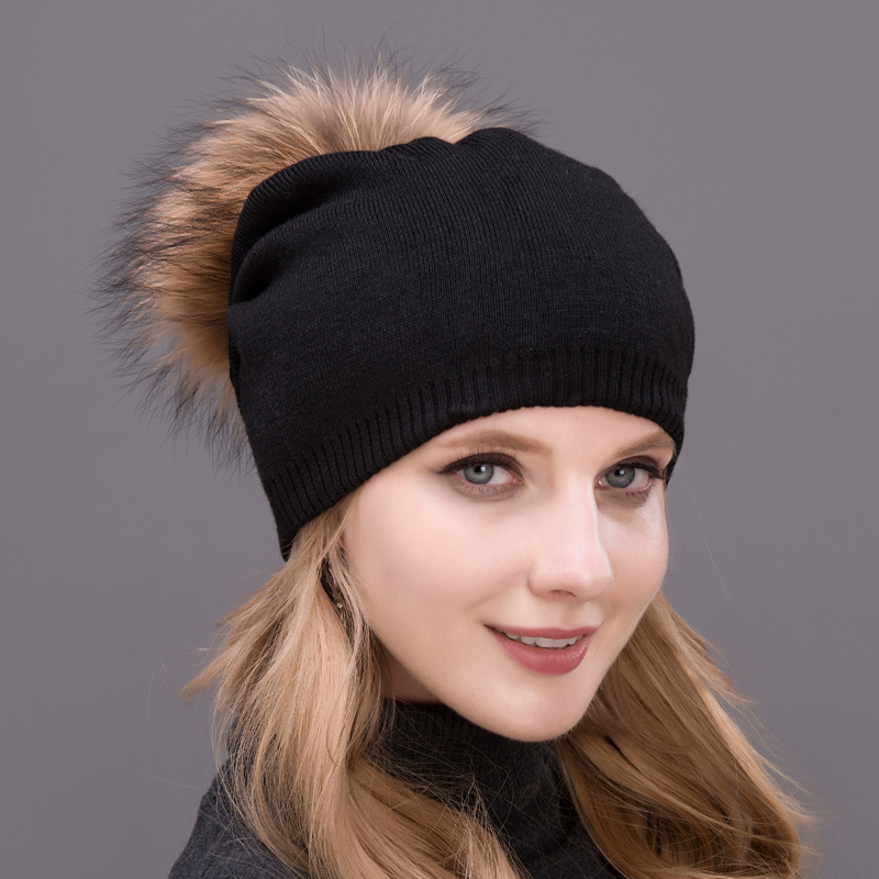 

New autumn Unisex Hat Male Wool Skullies Gorros Casual With the Royal Raccoon Fur Pompom Solid Colors Ski Gorars Cap, 001
