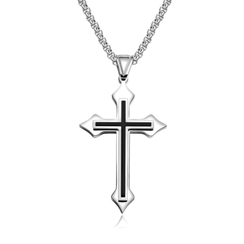 

Stainless Steel Design For Women Lover's Black And Silver Color Chain Cross Necklace Small Religious Jewelry