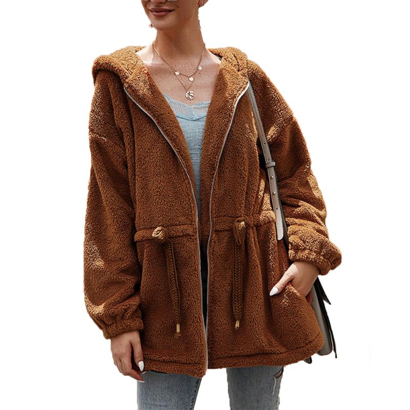 

Coats and Jackets Women Zipper Up Hooded Coats Plain Hoodies Jacket Outwear Overcoat Winter Faux Fur Coat, Brown sugar