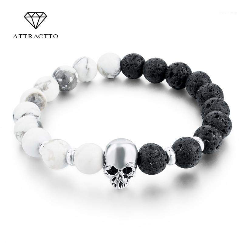 

ATTRACTTO New Natural Stone Skull Bracelets Bangles For Women Lava Beads Elastic For Men Jewelry Accessories Bracelets SBR1600311