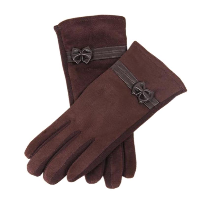 

Women's PU Leather Bow Touch Screen Driving Gloves Ladies Autumn Winter Warm Thick Faux Suede Full Finger Mittens