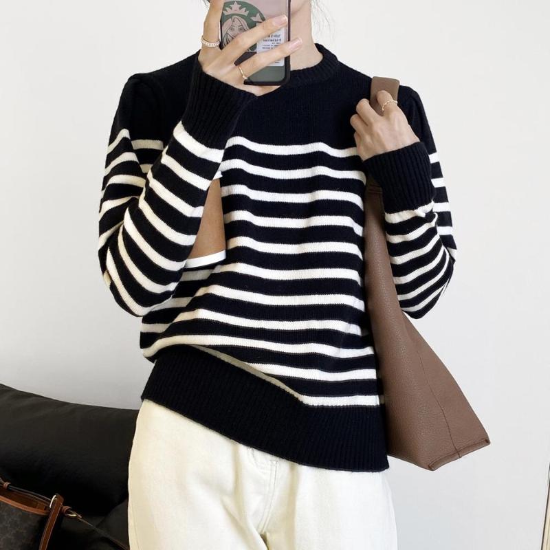 

Autumn Winter Knitting Fashion Retro Sweater For Women Korea Casual Long Women Stripe Sweater  Loose Boyfriend Pullovers, Beige