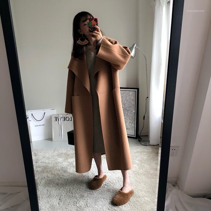 

2019 New Women Wool Long Coat Autumn Winter Cashmere Side Slit Big Turn-down Collar Warm Coats Camel Black Grey Color1