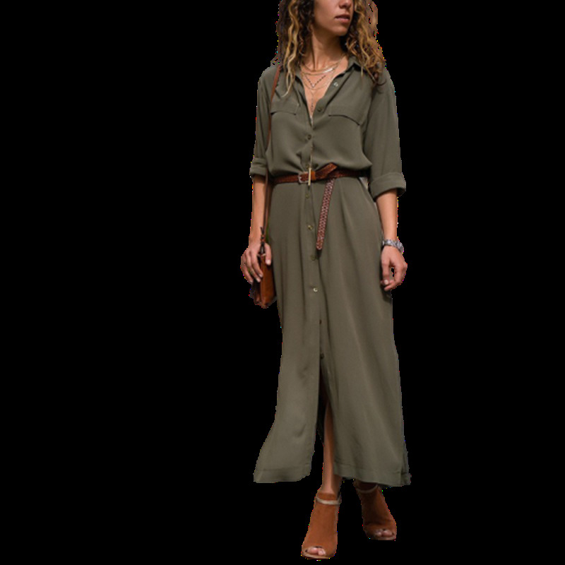 

2021 New maxi dress for solid asymmetric woman turn-down collar fall and winter fashion shirt street trend M2GY, Navy blue
