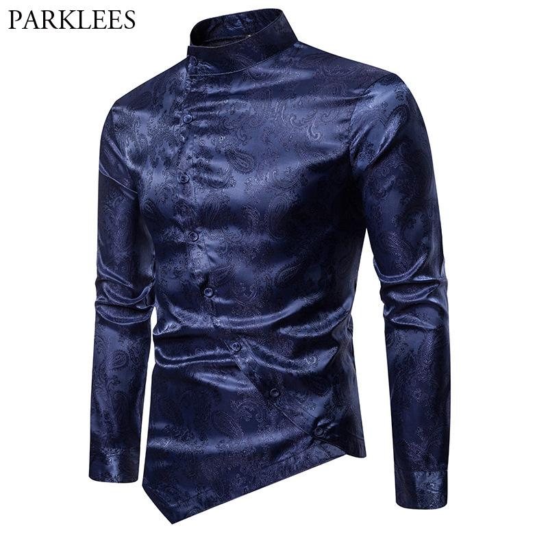 

Mens Paisley Jacquard Tuxedo Dress Shirts 2020 Autumn New Irregular Hem Slim Fit Button Down Dress Shirt Dinner Prom Chemise 2XL, Black