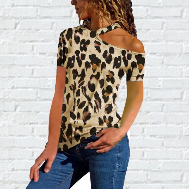 

Sexy Leopard Print Women's Harajuku Irregular Top Ladies Strapless Fashion Slim Nightclub Style Short Sleeve T-Shirt Camiseta