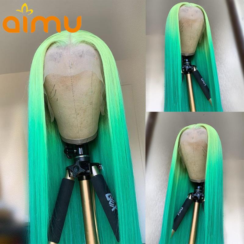 

Colored Ombre Green Straight HD Invisible Transparent Lace Frontal Wig Bleached Knots Human Hair Lace Front Wig Pre plucked 150%, As pic