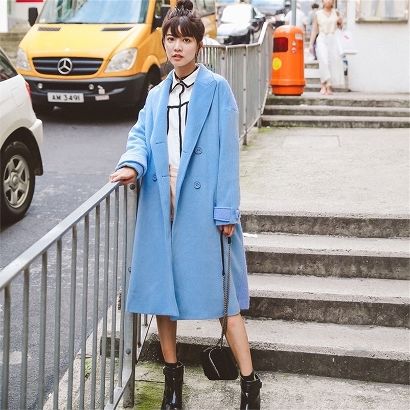 Winter Solid Double Breasted Wool Blend Coat And Jacket Pockets Turn-down Collar Ladies Coats Casual Blue Womens Long Coats 201218Z