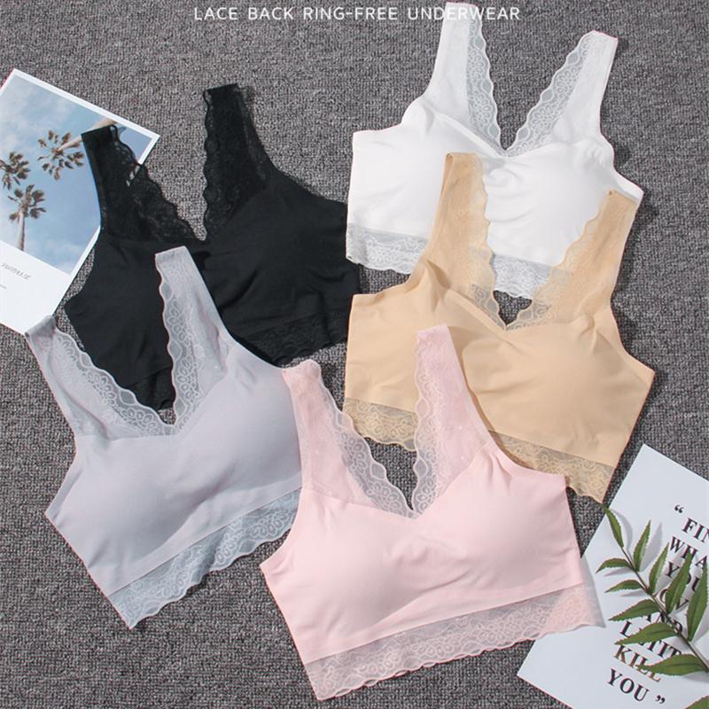 

Women Ice Silk seamless bra lace No Steel Ring Sports Lace Straps Elastic Hem Breast Padded Anti-sweat Sleep Bra, Beige