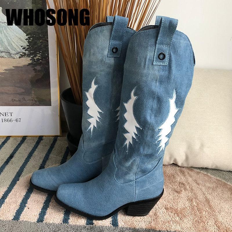 

Women Boots Woman Denim Boots Ladies Pointed Toe Shoes Female Blue Brand Girls Motorcycle Botas Knee High Shoes Soft New1