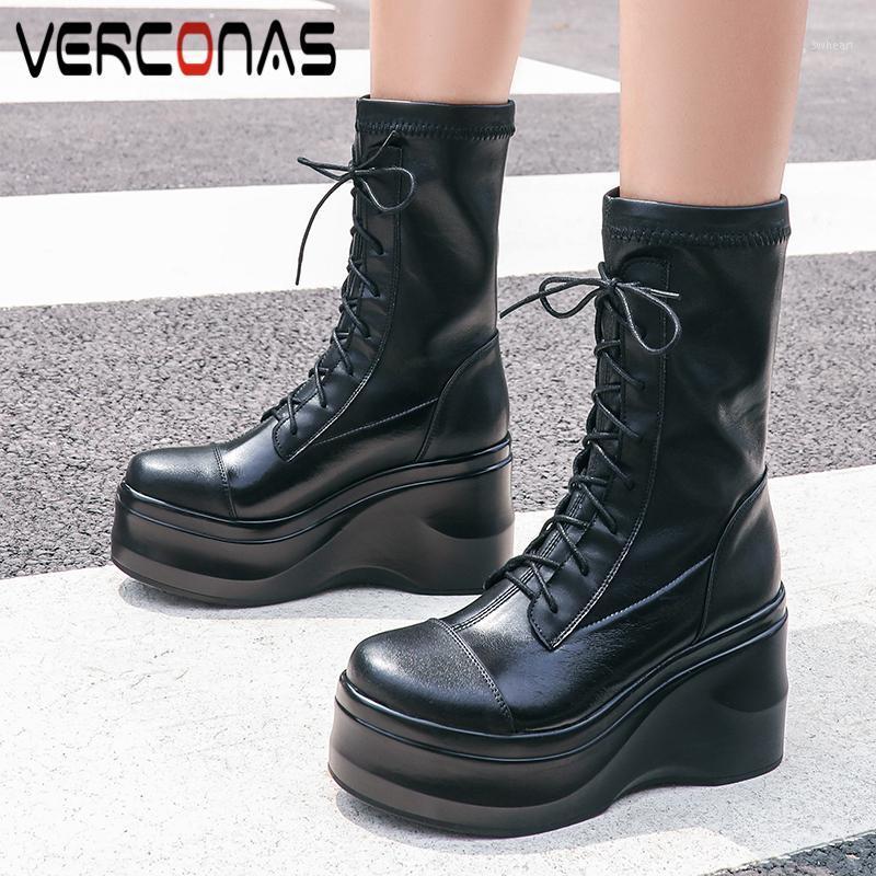 

VERCONAS 2020 New Mid-Calf Boots For Women Genuine Leather Shoes Woman Autumn Winter Concise Platforms Flats Lace-Up Short Boots1, Xingr