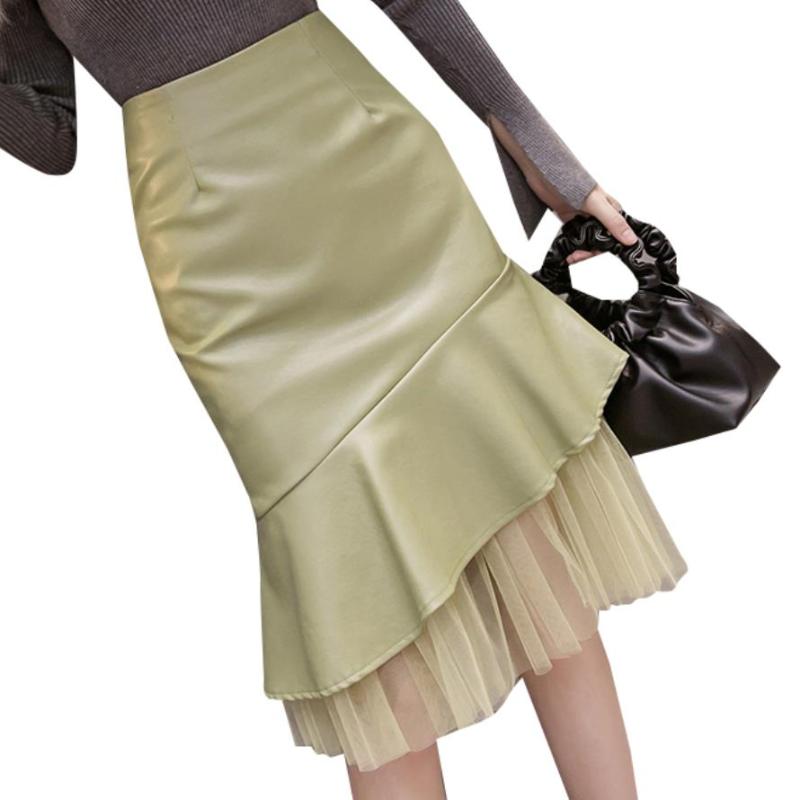 

New arrival fashion pu mesh stitching mermaid skirt women high wasit package hip trumpet skirt, Beige