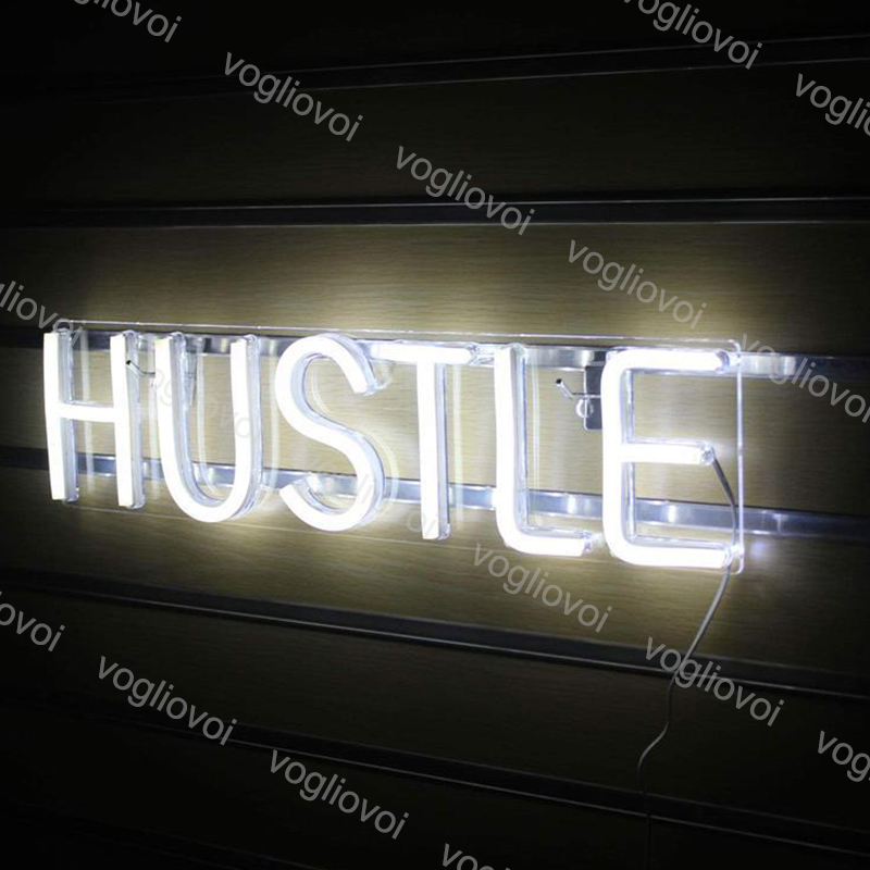 

Led Neon Sign SMD2835 Indoor Night Light Design HUSTLE Model With Transparent Backplane Holiday Xmas Party Wedding Table Lamps DHL