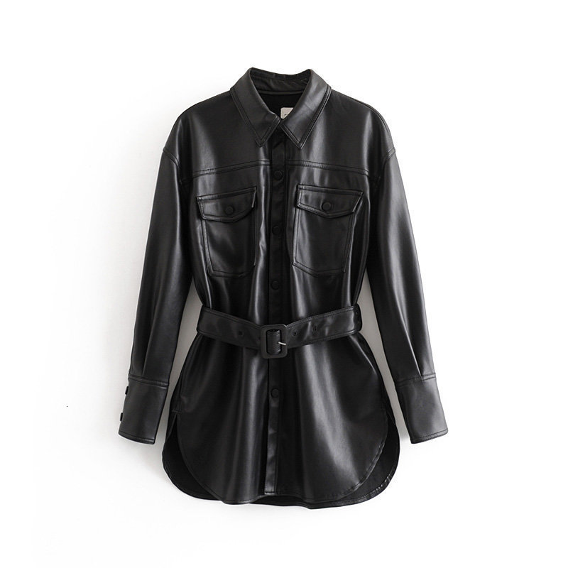 

2021 New Arrival Shirt Belt Spring and in Female Autumn Streetwear Tracks Complete Long Turn-down Collar Leather Jacket Suede IE6R, Black