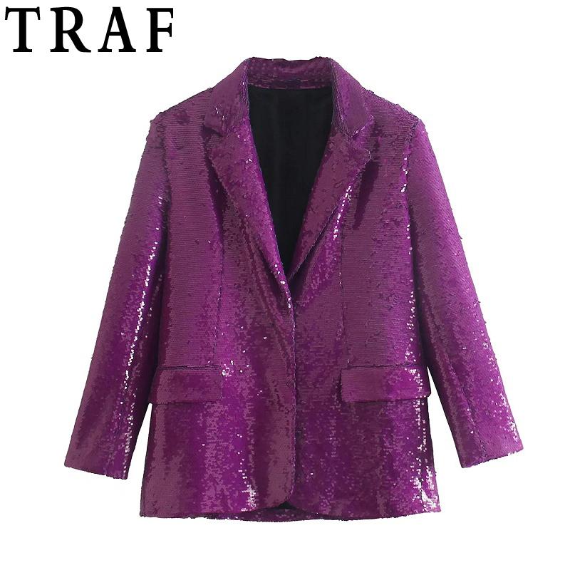 

TRAF Glitter Purple Jacket Women Zar Sequin Blazer Woman Year Elegant Female Blazer Oversized Casual Button Jackets 220303, Black