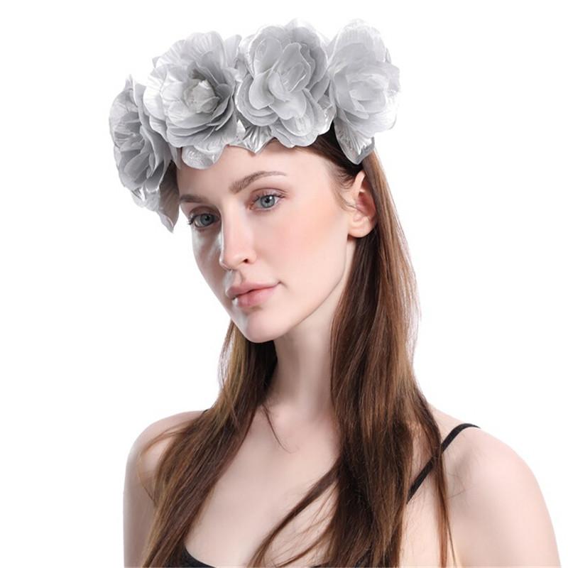 

Fashion Solid Round Bridal Headwear Rose Flower Garland Elastic Wreath Headband Wedding Hairband