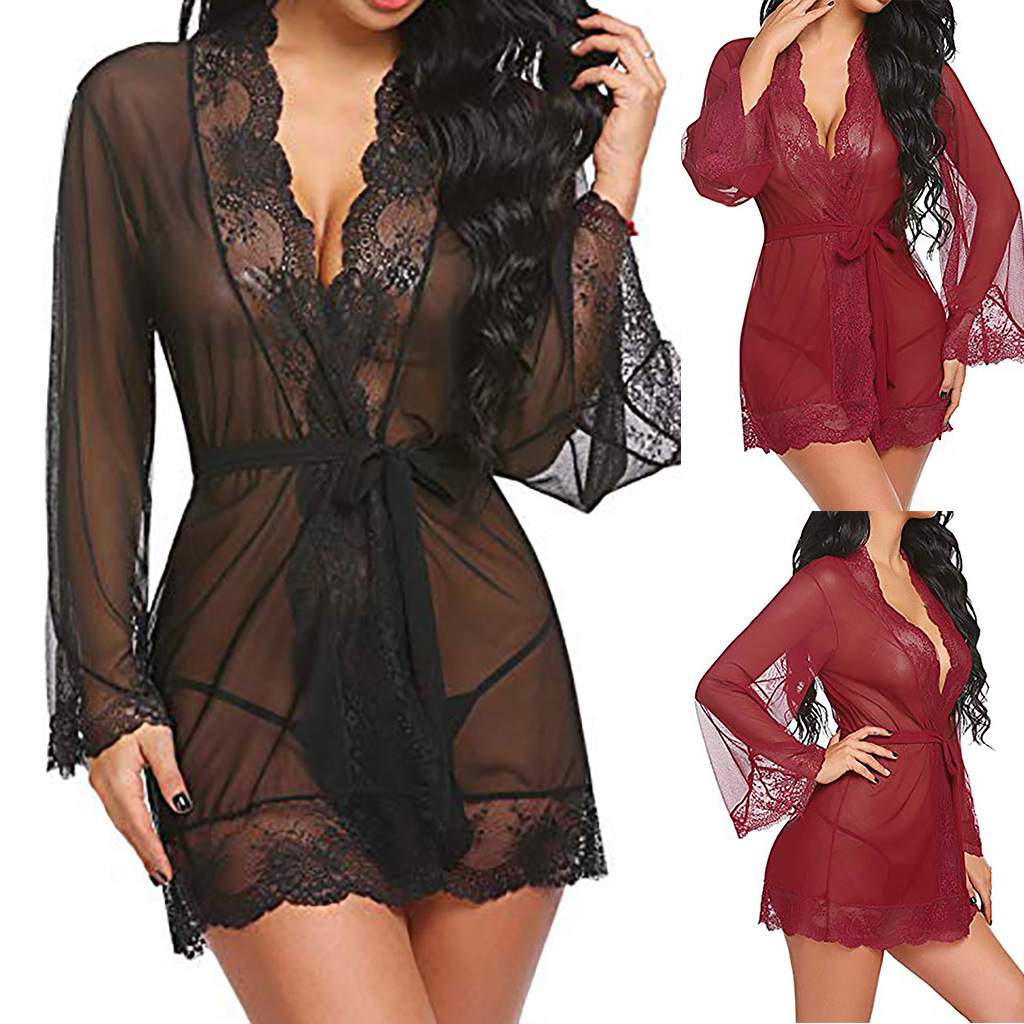 

2021 New Arrivals Womens Lace Nightgowns V Neck Gauze Perspective Sleepshirts Sleepwear Plus Size Sexy Lingerie, Black;red