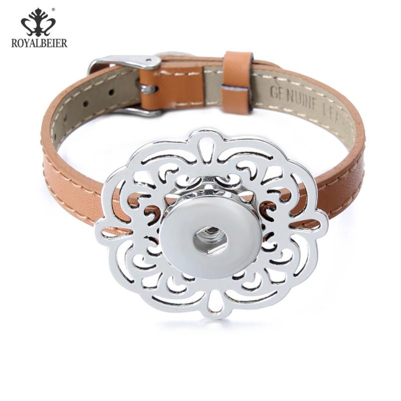 

New Genuine Leather Fashion Four Colors Bracelet DIY With Flower Button Snap Button Jewelry Charm For Women SZ0521