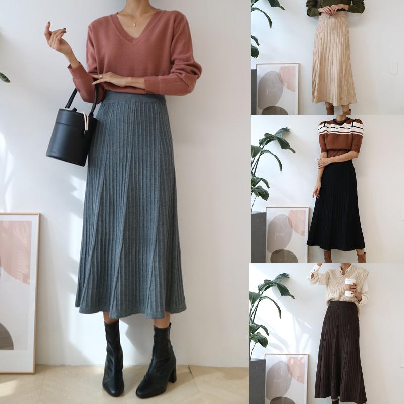 

Women'S High-Waist All-Match Thin Knit Midi Skirt, Black