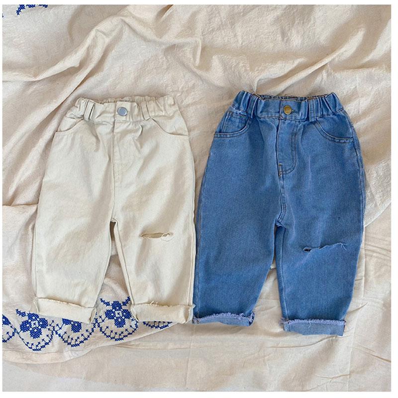 

2021 Spring New Kids Pants Boys And Girls Distrressed Casual Jeans, Beige
