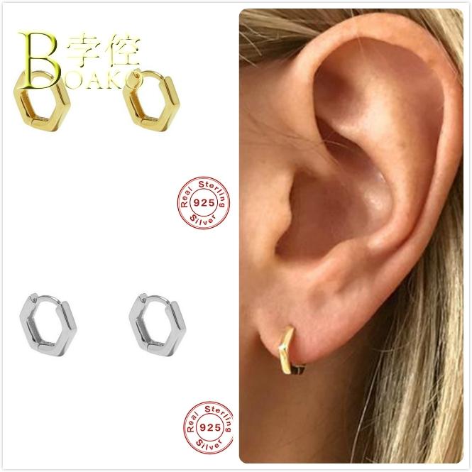 

Real 925 Silver Earrings For Women Gold Hexagon Small Hoop Earrings Girl Ear Piercing Earring Punk Men Geometric aretes B5