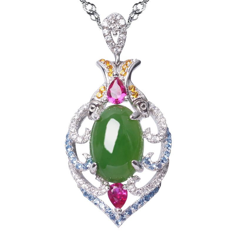 

Hetian 925 Natural Female Beryl Pure Silver Embeded Jade Fish Necklace 8qrs
