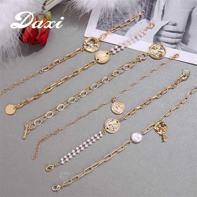 

DAXI New Five styles Golden Metal Hanging ornament Natural Pearl Rhinestone Bracelets for Women Girls Party Jewelry Gifts1