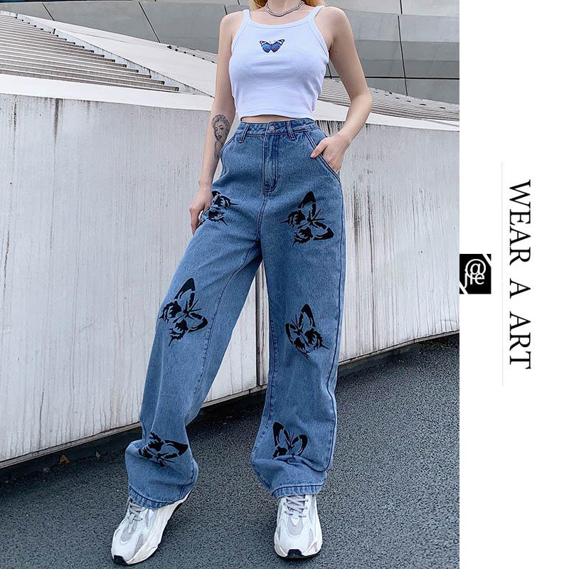 

Womens Pant Weariness Fashion Girl High Waisted Jeans Wide Leg Butterfly Printed Loose Jeans European and American New Casual Trousers Hot, Blue