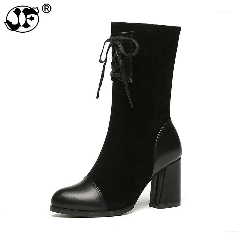 

Brand Design Female Boots Leather Cross-tied Lace Up Women Boots Wool Knitting Female Motorcycle zapatos de mujer1, Black