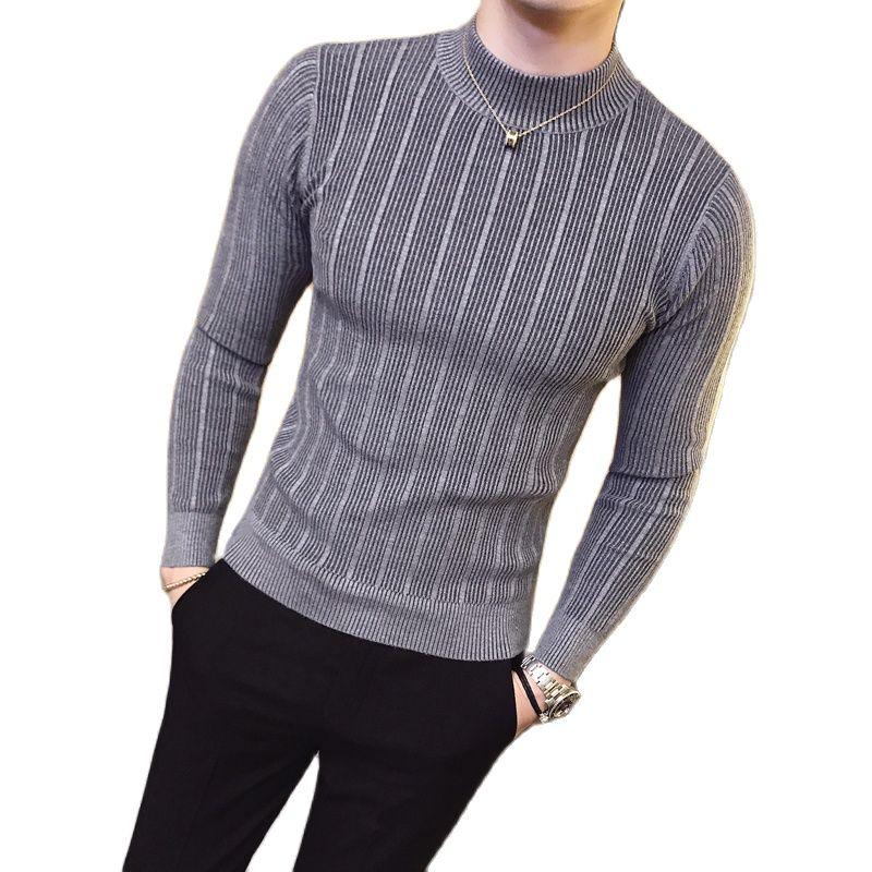 

New Autumn and Winter Fashion Solid Color Striped Boutique Knit Mens Casual Turtleneck Sweater Cotton Tight-fitting Male Sweater, Black