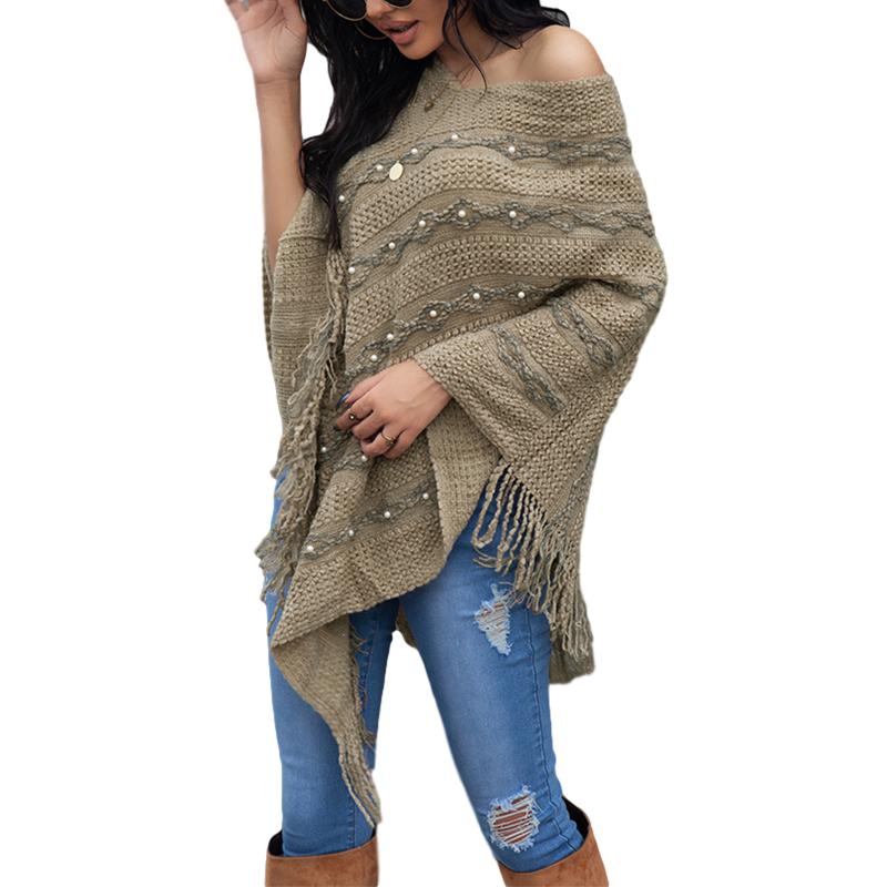 

Women tassel Shawl cloak Sweater Comfortable V-neck Bat Sleeve Shawl Cape Top for Vacation Shopping Dating Party Activities, Khaki