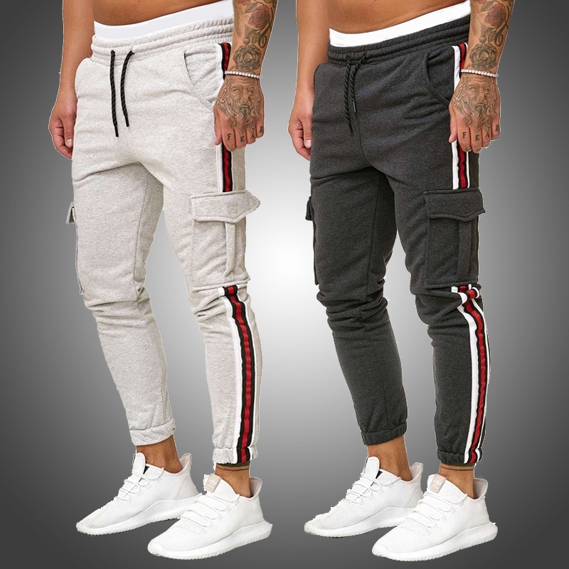

Mens Cargo Joggers Flap Pockets Sweatpants Men Side Stripe Joggers Male Track Pants Skinny Drawstring Grey Trousers Sportswear 201118, Kcd656 red