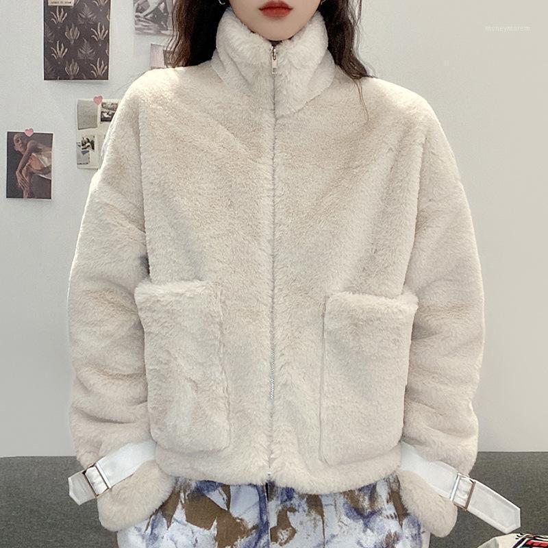 

women' warm Coat Long-sleeved 2020 autumn and winter new solid color loose stand-up collar zipper plush jacket1, Apricot