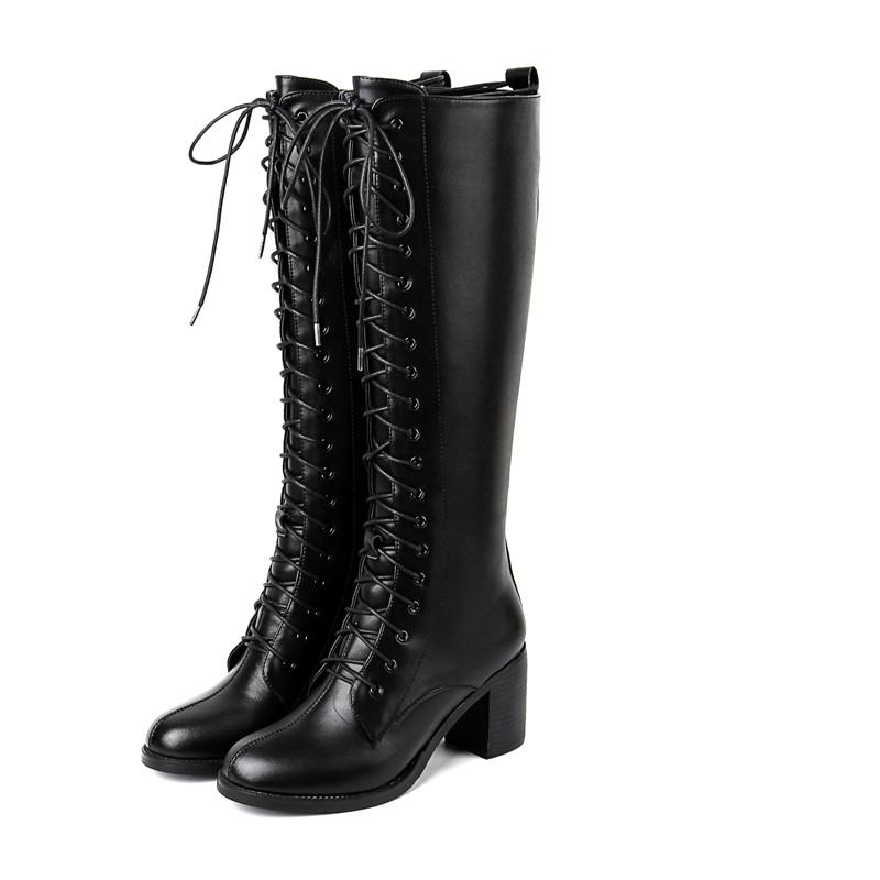 

Women Knee-high Leather Suede Boots Warm Short Plush Cross-tied Lady boots Casual Solid Color Concise Crude Heel Botas feminina, Black leather