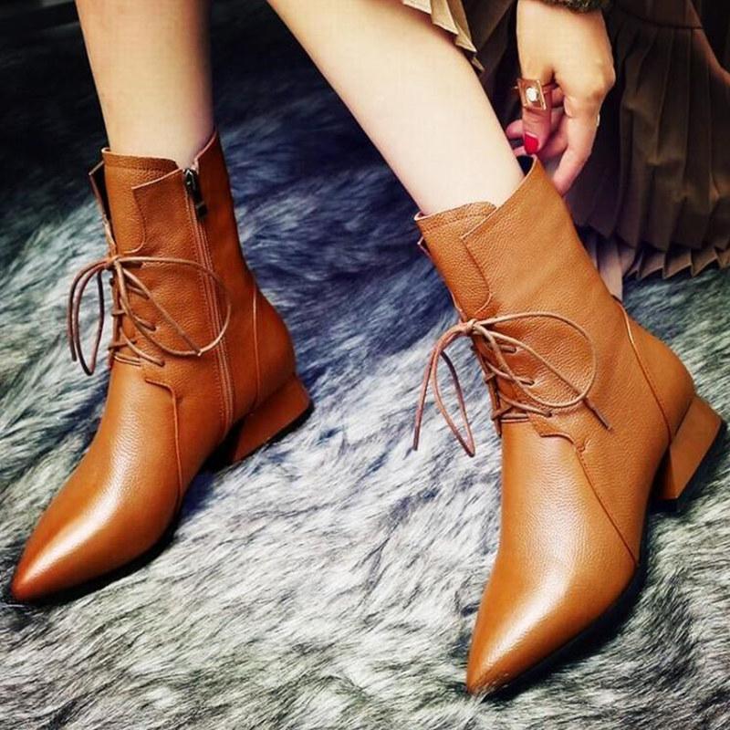 

Black brown Zapatos Mujer Fashion Women Boots Casual Leather Low High Heels Spring Shoes Woman Pointed Toe Rubber Ankle Boots, 1 brown