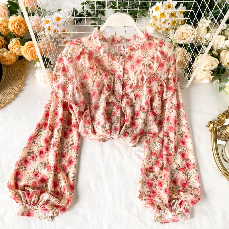 

Women Elegant Sweet Printed Shirt Female Wood Ear Trim Long Lantern Sleeve Chiffon Blouse Stand Neck Ruffle Tops L070