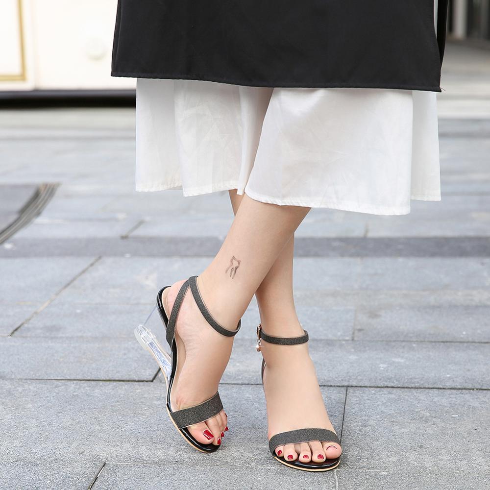 

2020 Sandals Sexy See Women's Glass Slippers High Ladies Toe Strass Transparent Buckle Wedges As Shoes Ev9e, Black