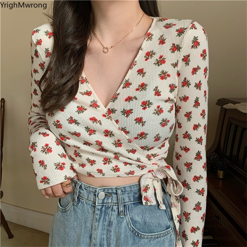 

Long Sleeve Sexy Bodycon Knit Vintage Cute Floral Wrap Bow V-neck Crop Top T-Shirt Women T Shirt Korean Elegant Short Camisoles 201125