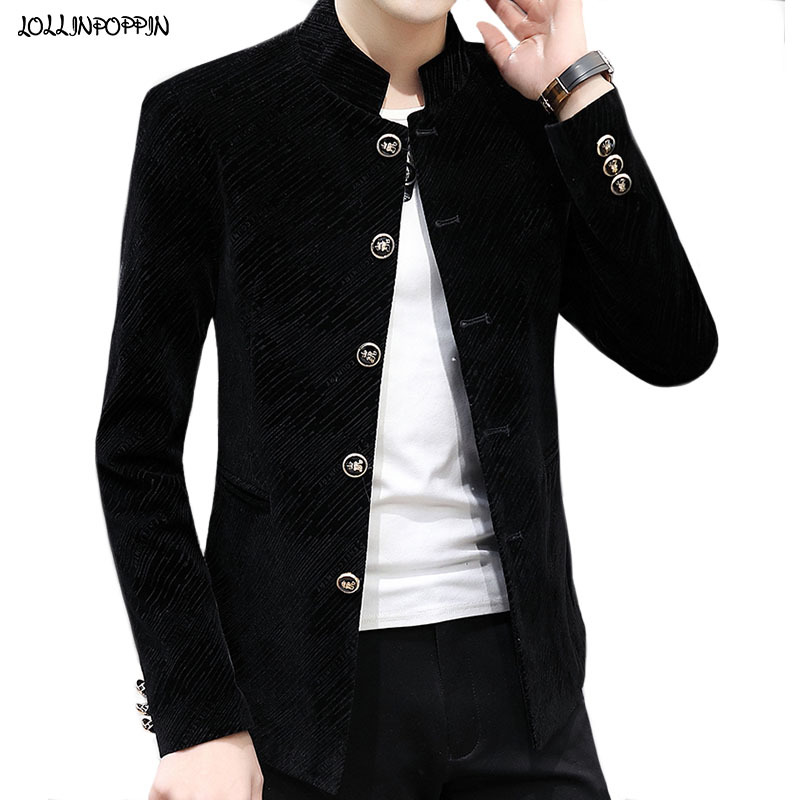 

Men Velvet Tunic Suit Jacket Mandarin Stand Collar Striped Casual Blazers 2020 New Slim Fit Male Coat Outerwear, White;black
