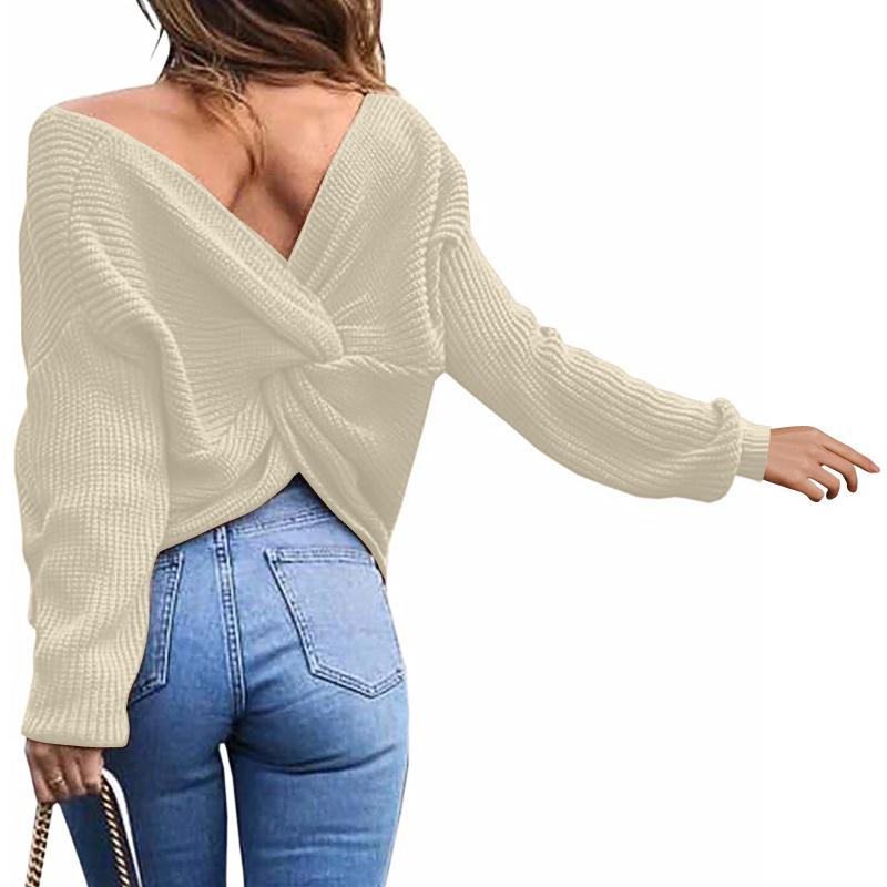

2021 Women's Sweate Casual V Neck Backless Long Loose Knitted Sweate Top Autumn Winter Ladies Fashion Knitted Sweater Tops, Green