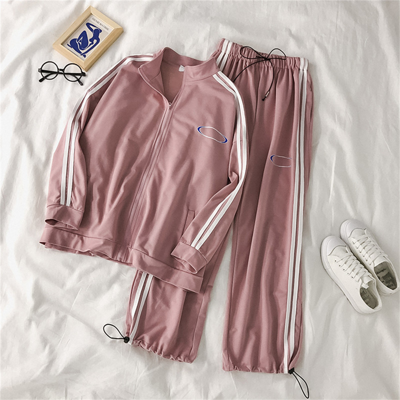 

2021 New Autumn Tracksuit for Female Sports Style 2 Piece Loose Korean with Long Sleeve Sweatshirt Pants Two Suit Parts TAHT, Pink