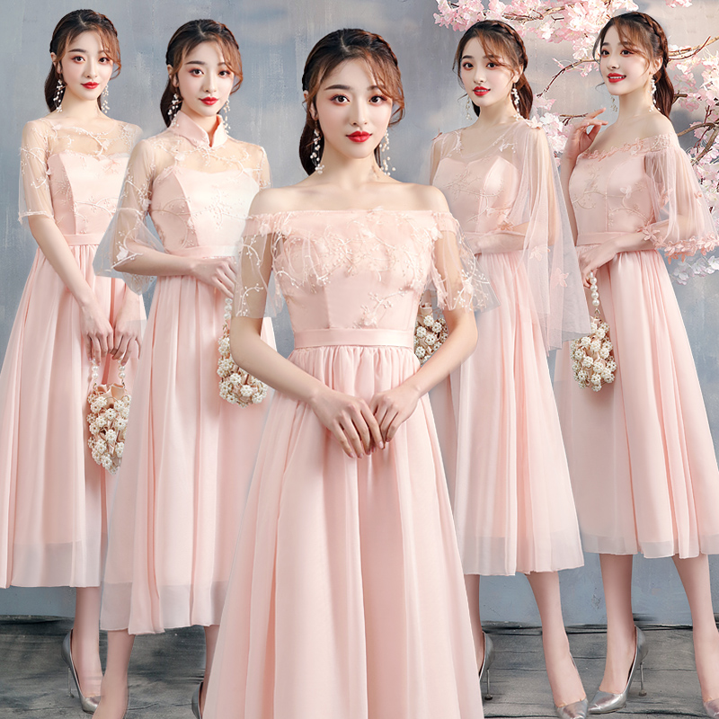 

Summer Temperament Flowers Solid Color Pink Gray Ankle-length High Waist Slim Half Sleeve Chiffon Party Bridesmaid Dresses 9548, Pink a