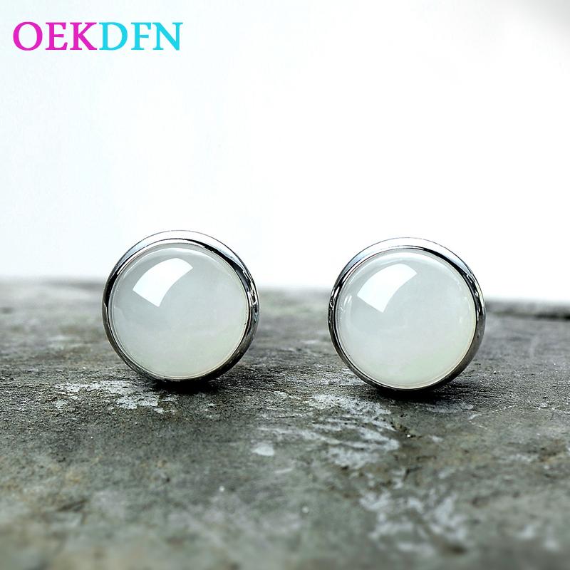 

Stud OEKDFN Vintage 100% 925 Sterling Silver Earrings Round Natural Hetian Jade Gemstone Ear Studs Fine Jewelry Gifts Wholesale