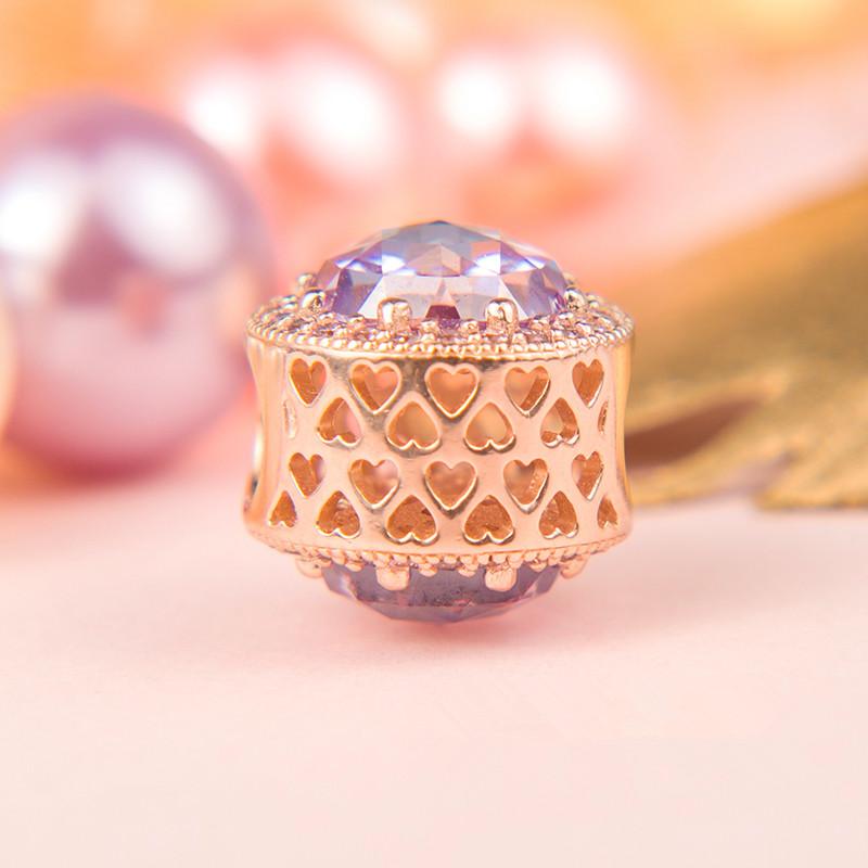 

Factory wholesale 18CT Rose Gold Metal Plated Over 925 Sterling Silver Radiant Hearts Charm With Magic Pink Stone Fits European Style Beads Bracelets