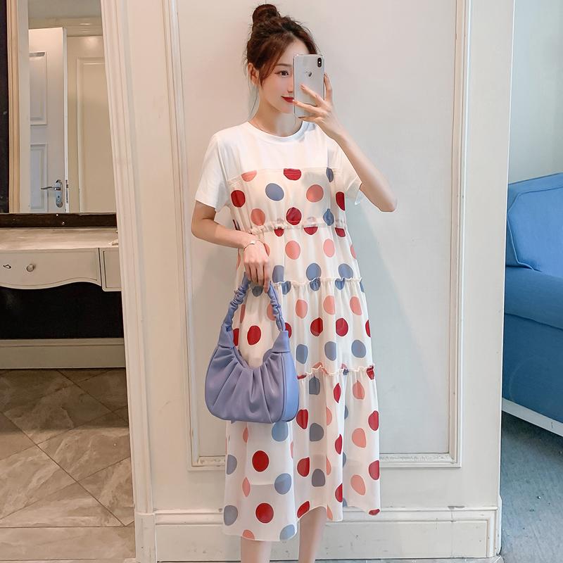 

730# 2021 Summer Korean Fashion Maternity Long Dress Dot Printed Chiffon Patchwork Cotton Clothes for Pregnant Women Pregnancy, Beige