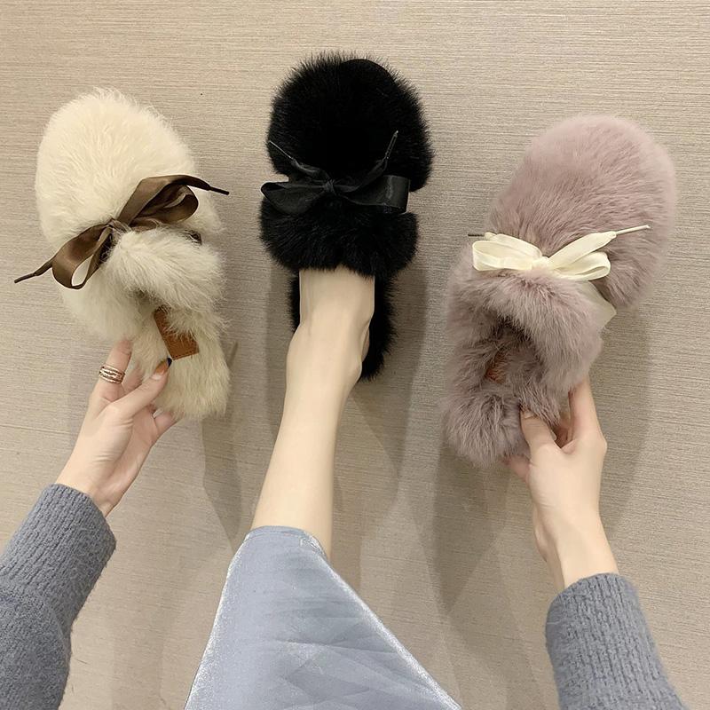 

Shoes Ladies' Slippers Butterfly-Knot Slipers Women Luxury Slides Fur Flip Flops 2020 Designer Girl Plush Flat Butterfly-knot