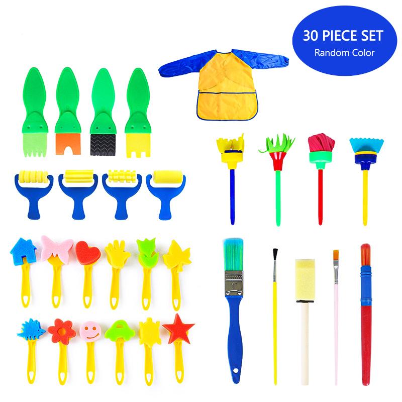 

30 Pieces Of Sponge Children's Drawing Pen Paint Brush Set And Apron Diy Art Early Childhood Learning Painting Tools