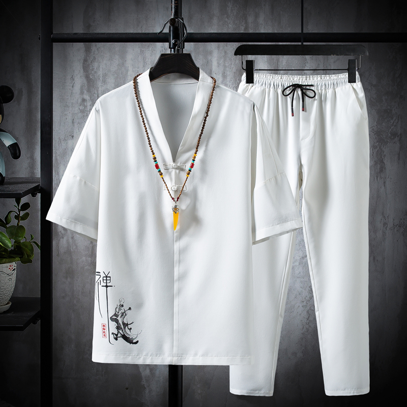 

2021 (shirt Pants) Summer Cotton Linen Quality Short Sleeves Lce Men's Silk Shirts Size M-5xl Tz021 IFC5, Black