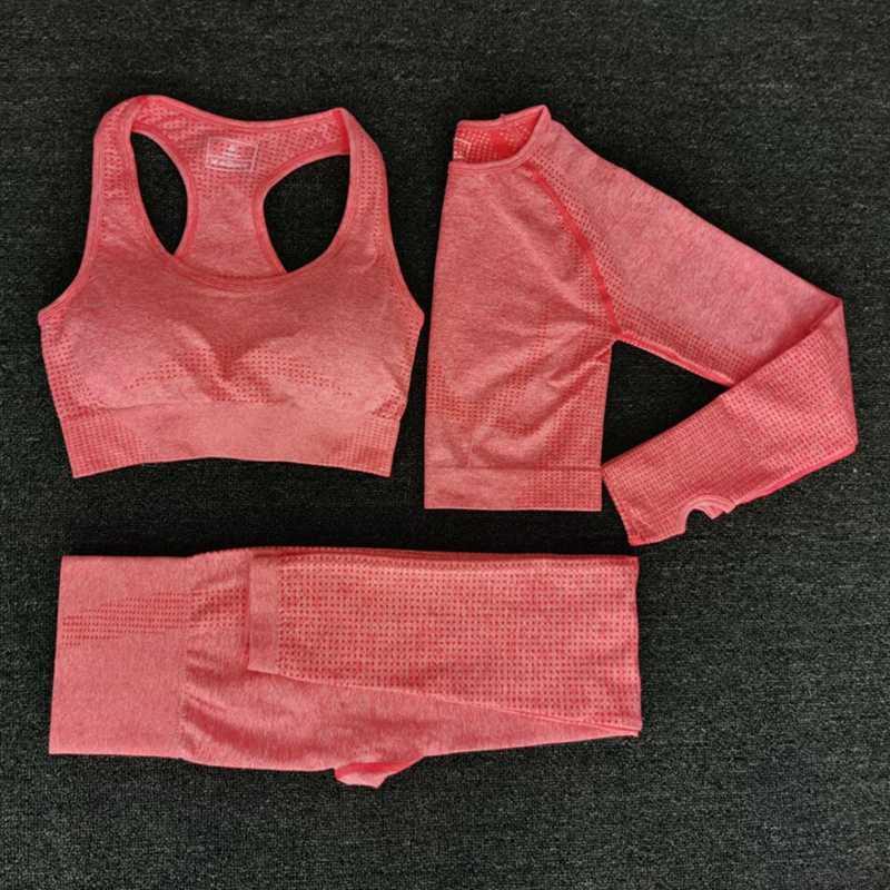 

2020 Women Seamless yoga set Fitness Sports Suits GYM Cloth Yoga Long Sleeve Shirts High Waist Running Leggings Workout clothing, Pink 3 pcs set